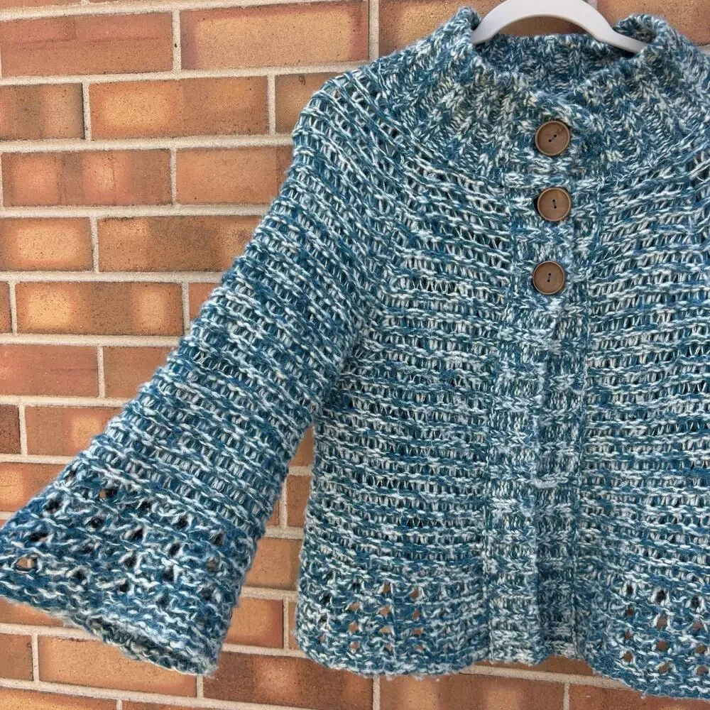 Free People Cardigan 3 Button Sweater Blue Chunky Knit Wool Blend Womens Small